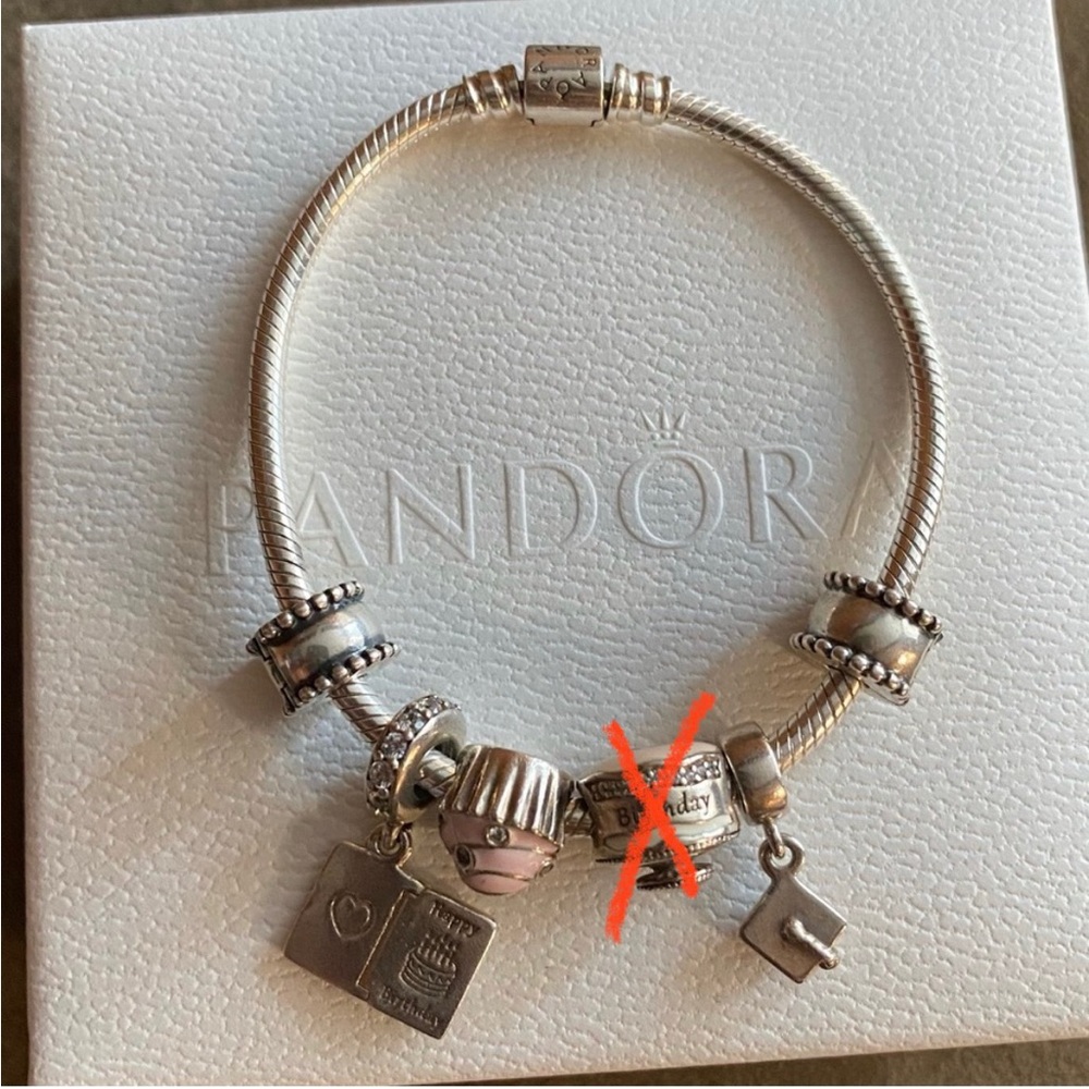 Retired Pandora Snake Bracelet w/ 5 Pandora charms (2 safety clips stoppers) EUC